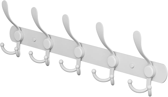 Coat Rack Wall Mount with 5 Tri Hooks, Stainless Steel 16 Inch – White Matte Finish, Heavy Duty Wall Mounted Hook Rack for Coats, Hats, Towels, Scarves, Robes, Bags, Entryway & Bathroom