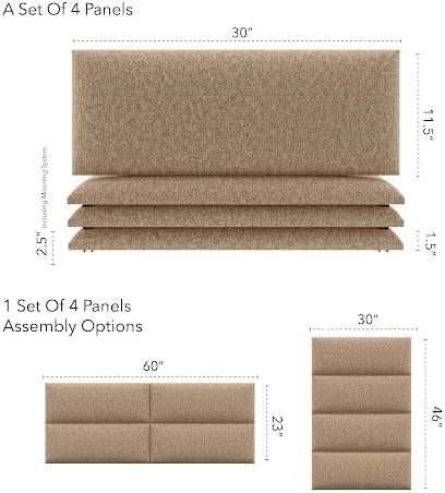 Vänt Upholstered Wall Panels - Queen/Full Size Wall Mounted Headboards - Faux Merino Wool Camel - Set of 4 Panels (Each Individual Panel 30"x11.5")