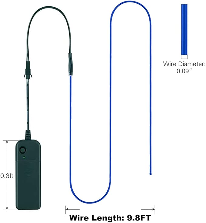 MaxLax EL Wire Blue, 9.8ft/3m Portable Battery Pack Neon Light Strip 360° Cuttable Glowing Rope Lights for Parties, Halloween, DIY Decoration