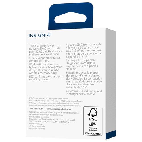INSIGNIA USB Cables, 20Gbps High-Speed Charging & Data Sync, Braided Nylon, Compatible with MacBook, Laptop, iPhone, iPad, Android (Accessories, 32W Dual USB-C/USB-A Car Accessory (2 Pack))
