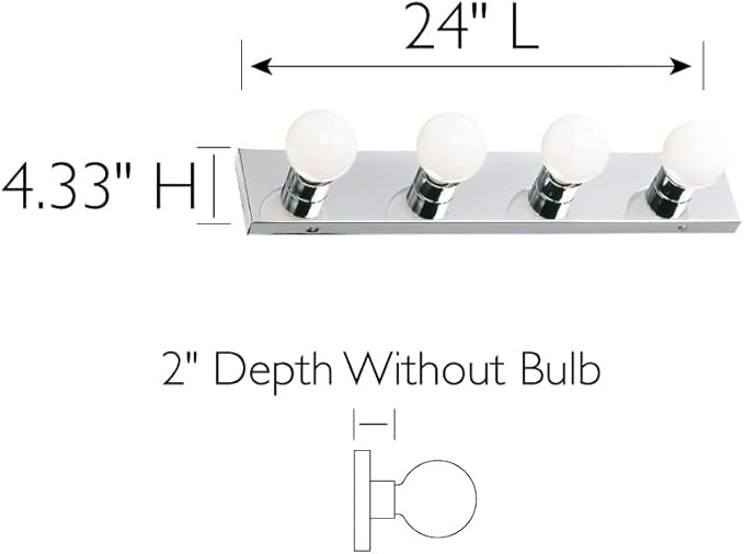 Design House Vanity Lighting, Steel Construction, 4 Vanity Lights, Dimmable, Uses four 60W Bulbs, Polished Chrome, 24.0 In. W x 4.3 In. H x 2.0 In. D, 500892