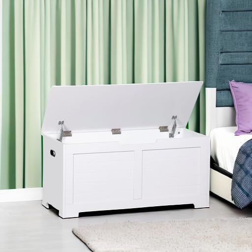 Wooden Storage Chest Box with Flip-top Lid & Safety Hinge, 39.4 Inch Living Room Organizer, Bedroom Bench, White