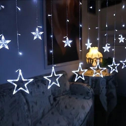 Star Curtain Lights for Bedroom - Plug-in 9ft 138 LED Fairy Twinkle Lights with 12 Star Drops, Connectable Window Lights with Remote 8 Lighting Modes for Indoor Xmas Ramadan Decoration, White