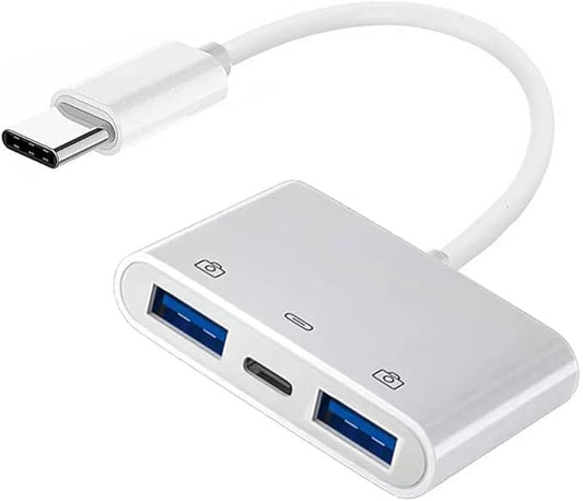 NFHK Type C USB-C to Dual Type-A USB3.0 Female with PD Power Charge Adapter Compatible with Laptop Tablet Phone
