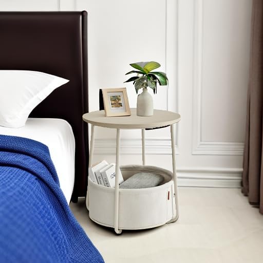 VASAGLE LILEA Collection - Small Round Side End Table, Modern Nightstand with Fabric Basket, Cream White ULET223K67