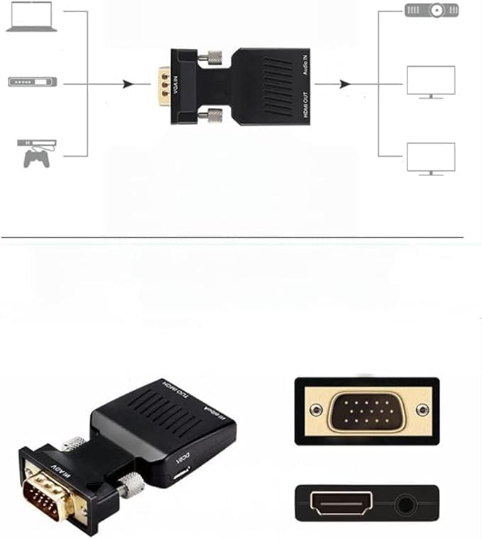 VGA to HDMI Adapter Converter with Audio AUX Cable 1080P 60Hz Resolution with Audio Support for Computer, PC, Laptop, Monitor, Beamer, HDTV UVM