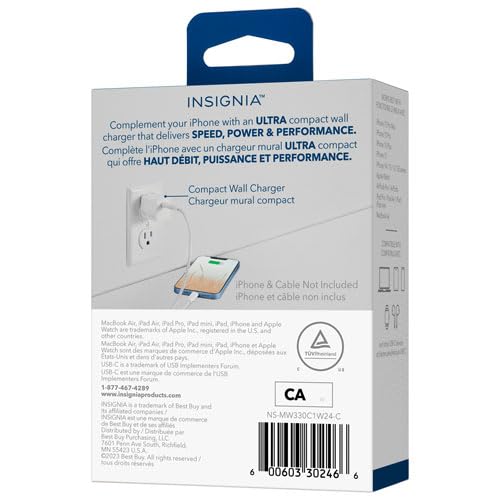 INSIGNIA USB Cables, 20Gbps High-Speed Charging & Data Sync, Braided Nylon, Compatible with MacBook, Laptop, iPhone, iPad, Android (Accessories, 30W USB-C Wall Accessory (WHT))