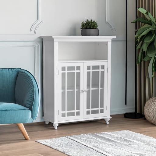 Teamson Home Neal Wooden Freestanding Floor Cabinet with 1 Adjustable Shelf 3 Storage Spaces 2 Glass Doors and 2 Clear Knobs, White