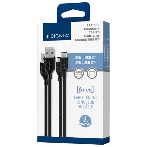 INSIGNIA USB Cables, 20Gbps High-Speed Charging & Data Sync, Braided Nylon, Compatible with MacBook, Laptop, iPhone, iPad, Android (6 ft (2 Pack, Black), USB to USB-C Cable)