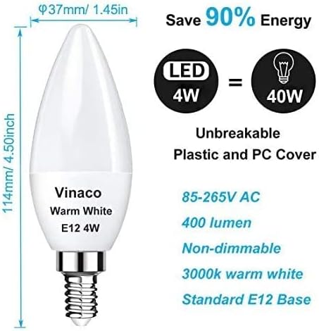 Vinaco E12 LED Bulb, 6 Pack E12 Candelabra Bulb 4 Watt Warm White 3000K, High Brightness 400LM & 25000+ Long Lifespan Bulb, E12 Candelabra Base Light Bulb for Ceiling Fan Light Bulb