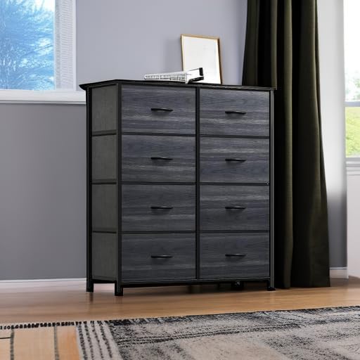 YITAHOME Cloth Dresser with 8 Drawers - Fabric Dresser for Closet, Chester Drawers for Bedroom, Hallway, Closets - Sturdy Steel Frame, Wooden Top & Easy Pull Fabric Bins, Charcoal Black Wood Grain