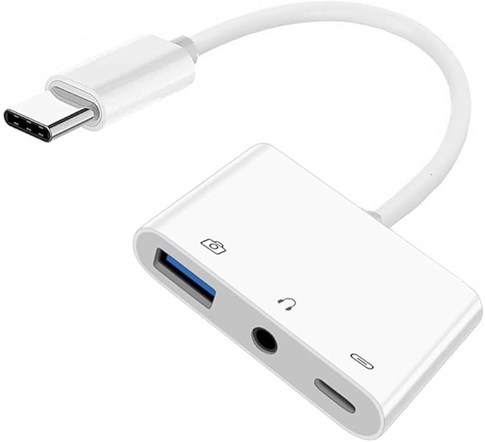 NFHK Type C USB-C to 3.5mm Audio AUX & Type-A USB2.0 OTG Female with PD Power Charge Adapter Compatible with Laptop Tablet Phone