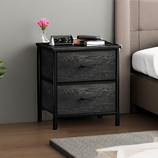 Sorbus Nightstand Dresser with 2 Faux Wood Drawers - Bedside Table Chest with Storage Bedroom, Living Room, Closet & Dorm Furniture Lamp Stand - Steel Frame, Wood Top, Easy Pull Fabric Bins