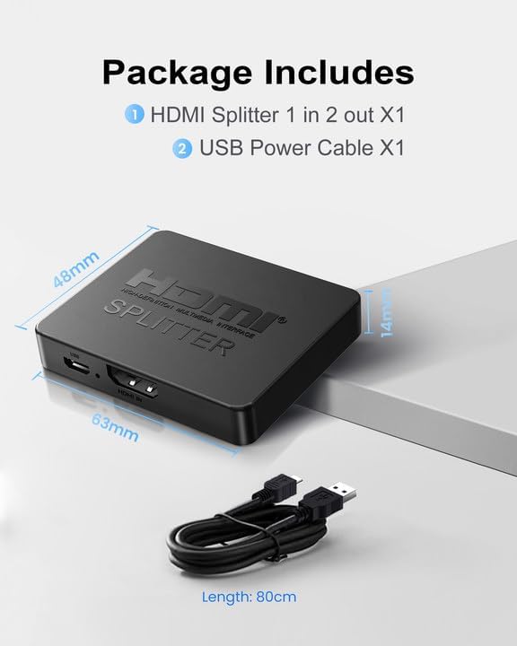 HDMI Splitter 1 in 2 Out, 4K HDMI Splitter Not for Extended Display (Mirror Only/Copy Mode),Sends Same Content to 2 Screens(Need Power 5V 1A), Works with Laptop,TV,Monitor(Hdmi Cable Not Included)