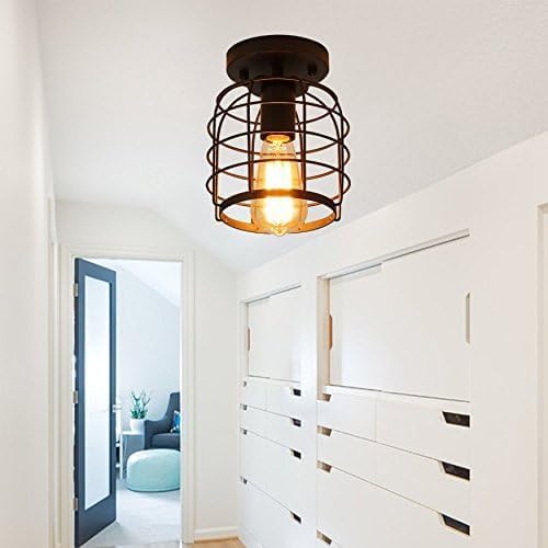 Create For Life® Industrial Vintage Flush Mount Ceiling Light,Rustic Metal Cage Semi Flush Mount Ceiling Lamp Fixture for Hallway Stairway Kitchen Garage, E26, Black Finish,2 Pack