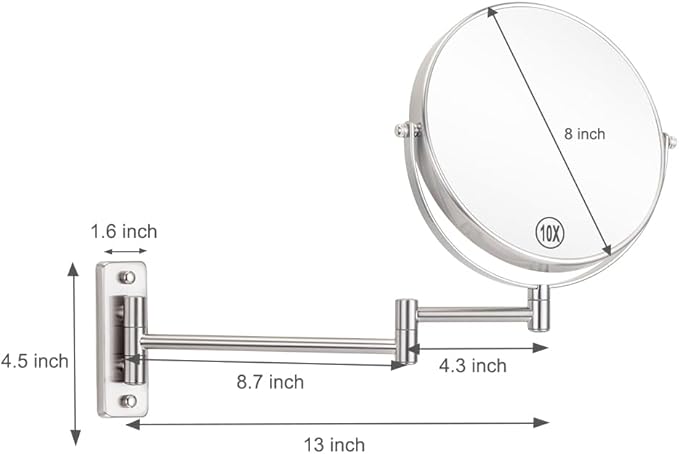Cerdeco 8 Inch 10X Double Sided Makeup Wall Mount Mirror With Nickel Plated Finish - 360 Swivel Extendable Cosmetic Shaving Magnification
