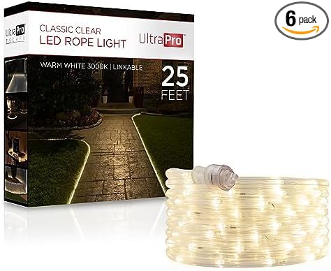 UltraPro LED Rope Lights, 25ft Classic Clear Rope, Warm White Light 3000K, Indoor/Outdoor, Flexible, Linkable, Durable, Rope Lights Outdoor, 54504 (Pack of 6)