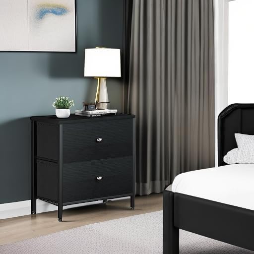 BOLUO Black Nightstand 2 Drawer Dresser for Bedroom,Small Night Stand End Table with Fabric Drawers Modern