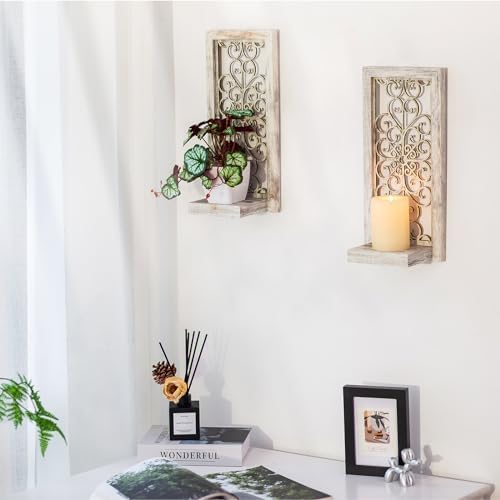 Mirrored Wall Candle Holders Decorative White - Farmhouse Wall Candle Sconces Set of 2 Washedwhite Candle Holder Decor for Small Vase Tealight Pillar Candles
