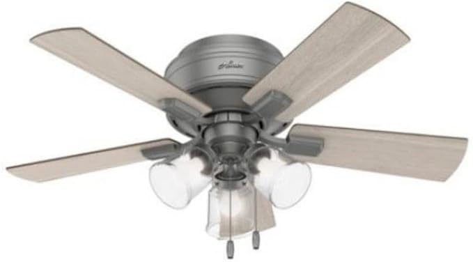 Hunter Fan Company 52152, 42 inch Crestfield Matte Silver finish Low Profile Flush Mount Ceiling Fan with Lights LED and Pull Chain