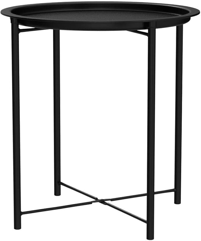 VECELO Side/End Table, Folding Round Metal Anti-Rust and Waterproof Outdoor or Indoor Tray for Living Room Bedroom Balcony and Office, 2 PCS, Black