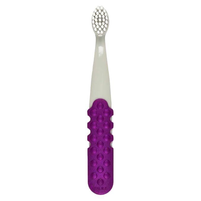RADIUS Toddler Toothbrush & Toothpaste Bundle for Kids, 2 Pack Totz Plus Silky Soft Brush in White/Coral & Cool Grey/Amethyst Purple and 1 Count Dragon Fruit Toothpaste, for Children 18 Months & Up