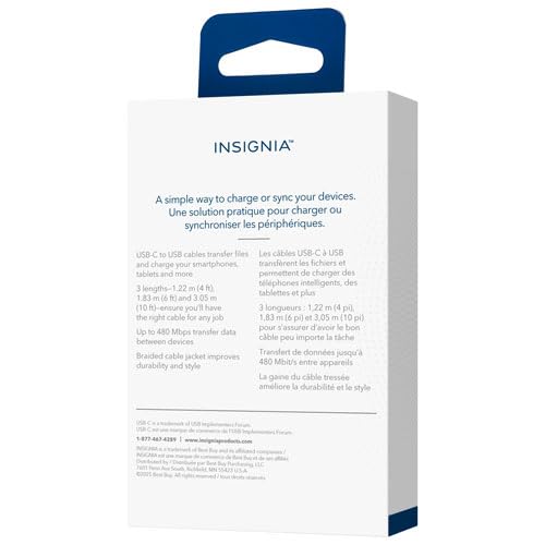 INSIGNIA USB Cables, 20Gbps High-Speed Charging & Data Sync, Braided Nylon, Compatible with MacBook, Laptop, iPhone, iPad, Android (4/6/10 ft (3 Pack Bundle, Black), USB to USB-C Cable)