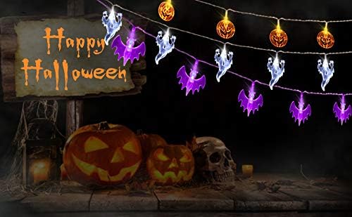 AOSTAR Set of 3 Halloween Lights (20 LEDs Orange Pumpkins, Purple Bats, White Ghosts), Battery Operated String Lights for Halloween Decorations Outdoor & Indoor