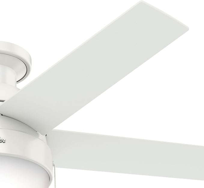 Hunter 46 inch Indoor Ceiling Fan with LED Light - White Ceiling Fan with Pull Chain, For Bedroom, Living Room, or Kitchen, Low Profile Mount, No Remote, 5 Blades - Anslee 59269, Fresh White
