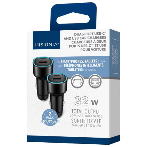 INSIGNIA USB Cables, 20Gbps High-Speed Charging & Data Sync, Braided Nylon, Compatible with MacBook, Laptop, iPhone, iPad, Android (Accessories, 32W Dual USB-C/USB-A Car Accessory (2 Pack))