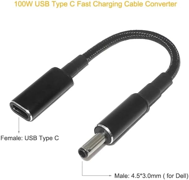 USB C to Slim Laptop Charging Cable Adapter Female Type C to DC Converter 0.8ft 100W PD Power Charger Supply Cord for Vostro 12 17 11 XPS 14 3000 7000 5000 13 15 Inspiron Dell (4.5 x 3.0mm for Dell)