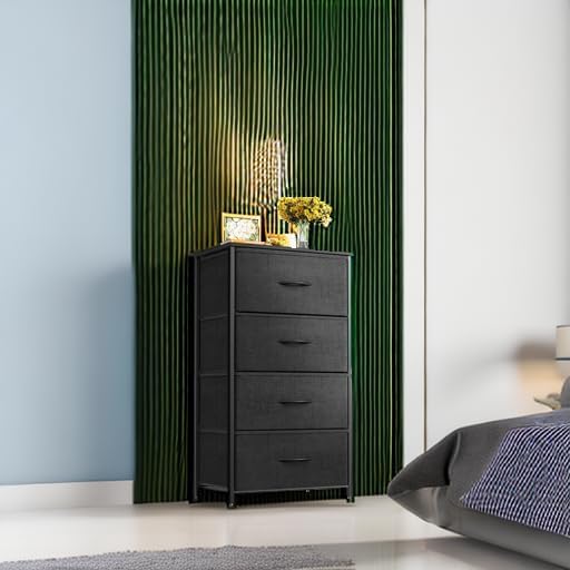 ODK Dresser for Bedroom with 4 Storage Drawers, Small Dresser Chest of Fabric Drawers with Sturdy Steel Frame, Wood Top, Black