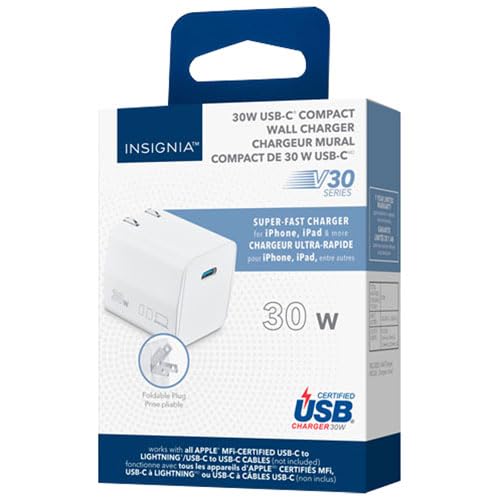 INSIGNIA USB Cables, 20Gbps High-Speed Charging & Data Sync, Braided Nylon, Compatible with MacBook, Laptop, iPhone, iPad, Android (Accessories, 30W USB-C Wall Accessory (WHT))