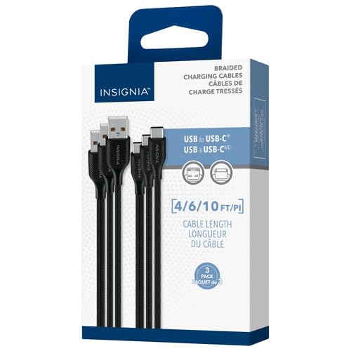 INSIGNIA USB Cables, 20Gbps High-Speed Charging & Data Sync, Braided Nylon, Compatible with MacBook, Laptop, iPhone, iPad, Android (4/6/10 ft (3 Pack Bundle, Black), USB to USB-C Cable)