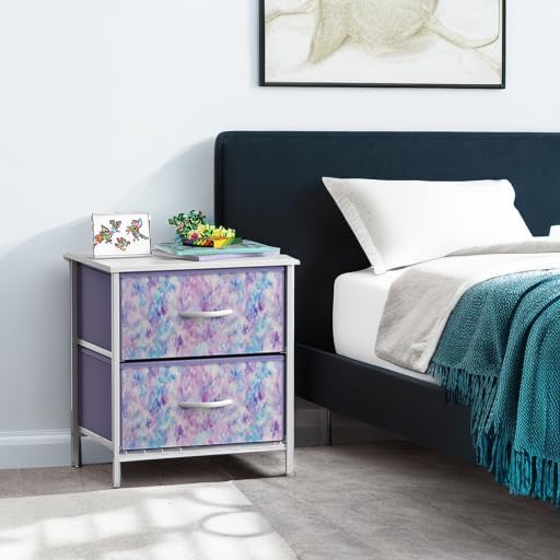 Sorbus Nightstand with 2 Drawers - Kids Bedside Furniture End Table Night Stand - Steel Frame, Wood Top & Easy Pull Fabric Bins - Dresser & Chest for Home, Bedroom Accessories, Office & College Dorm