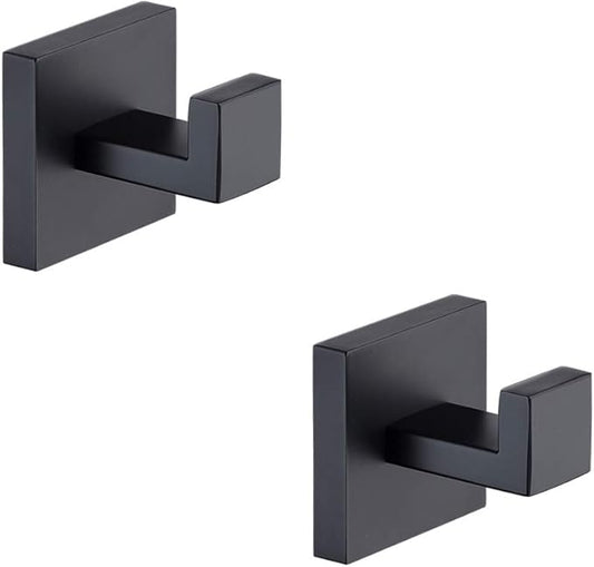 TASTOS Bath Towel Hooks Matte Black, 2 Pack Stainless Steel Robe Coat and Clothes Hook, Heavy Duty Wall Hook for Bathroom & Kitchen, Modern Square Style Wall Mounted (Black)