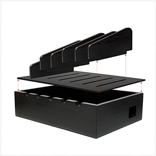 Prosumer's Choice Black Family Charging Station, 5 Device Organizer Charger for Smartphones and Tablets, Wooden Rack