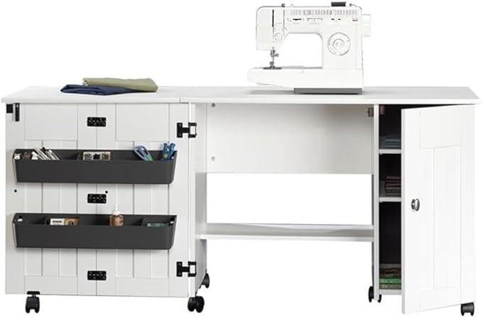 Sauder Folding SewingTable & Craft Cart Storage Cabinet, in Soft White