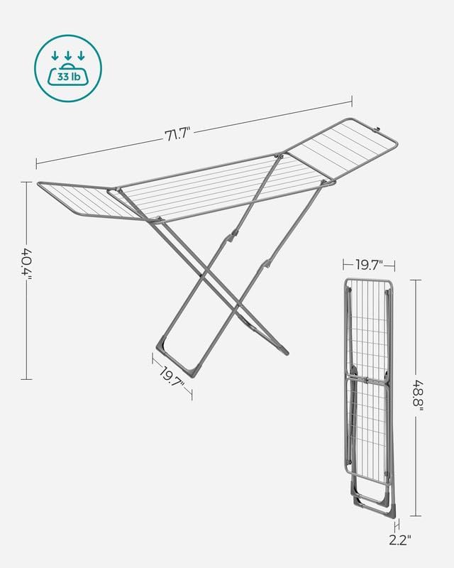SONGMICS Clothes Drying Rack, Metal Laundry Drying Rack, Foldable, Space-Saving, Free-Standing Airer, with 2 Gullwings, Indoor Outdoor Use, Bed Linen Clothing, Gray ULLR540G01