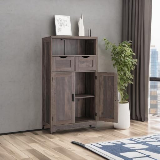 Iwell Storage Cabinet with Adjustable Shelf, Bathroom Cabinet with Doors, Cupboard, Kitchen Pantry Cabinet, Floor Cabinet for Living Room, Home Office, Dark Gray