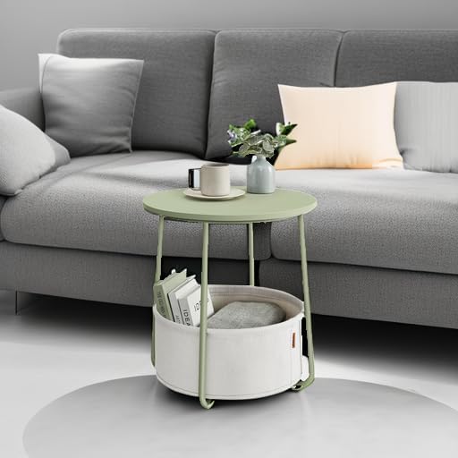 VASAGLE LILEA Collection - Small Round Side End Table, Modern Nightstand with Fabric Basket, Laurel Green and Cream White ULET223C69