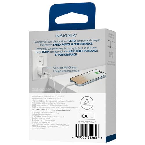INSIGNIA USB Cables, 20Gbps High-Speed Charging & Data Sync, Braided Nylon, Compatible with MacBook, Laptop, iPhone, iPad, Android (Accessories, 40W USB-C Wall Accessory (WHT))