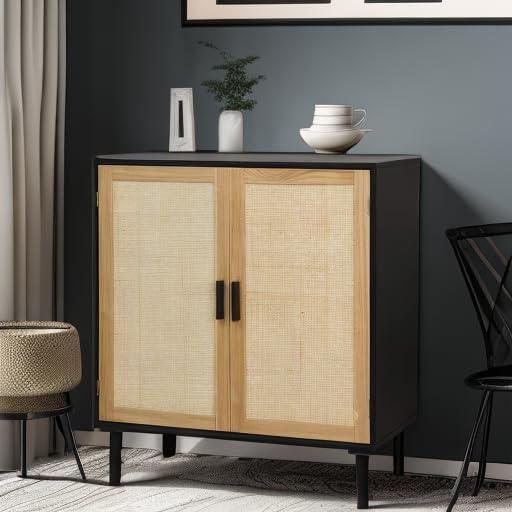 Finnhomy Sideboard Buffet Cabinet, Kitchen Storage Sideboard with Rattan Decorated Doors, Liquor Buffet for Bar, Dining Room, Hallway, Cupboard Console Table, Accent Cabinet, 31.5X 15.8X 34.6 Inches
