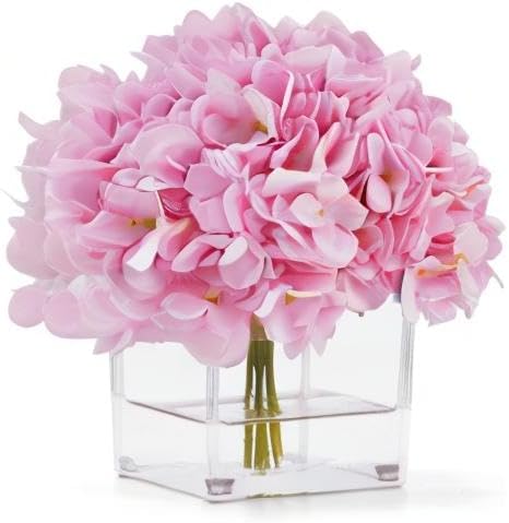 Silk Pink Hydrangea Artificial Flowers in Vase with Faux Water, Silk Flower Arrangements in Vase for Home Decor, Wedding Table (Pink)