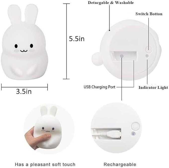 Rabbit Night Light for Kids, Rechargeable LED Children Lamp, Soft Silicone (BPA Free) for Baby/Boys/Girls/Adult, Remote & Touch Control Adjustable Brightness and Colors, Indoors/Outdoors