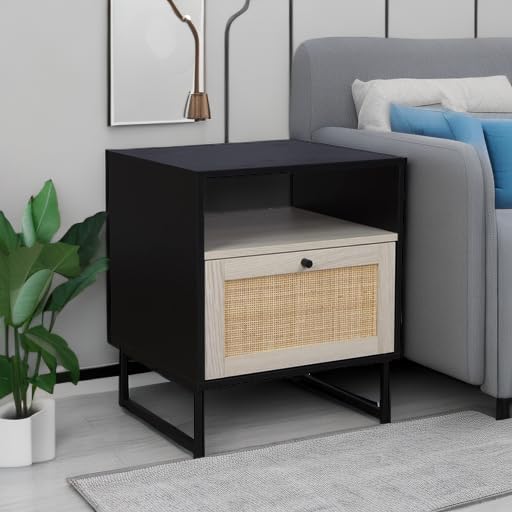 Nathan James Mina Rattan Wood End Side Accent Table Nightstand with Storage for Living Room or Bedroom, 1, Black Oak/Black
