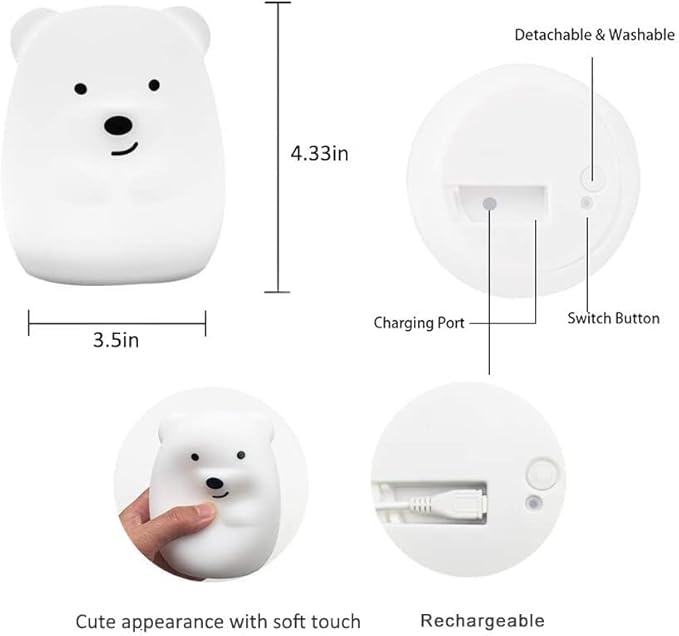 Bear Night Light for Kids, Rechargeable LED Children Lamp, Soft Silicone (BPA Free) for Baby/Boy/Girl/Adult, Remote & Touch Control Adjustable Brightness and Color (9 Colors), Eye Caring