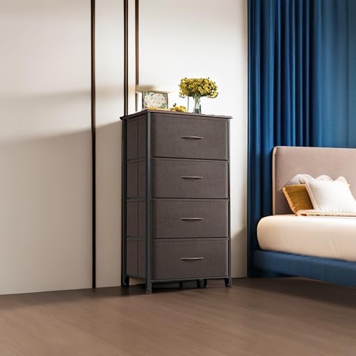 ODK Dresser for Bedroom with 4 Storage Drawers, Small Dresser Chest of Fabric Drawers with Sturdy Steel Frame, Wood Top, Brown