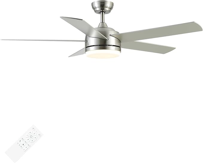 YUHAO 52 Inch Brushed Nickel Ceiling Fan with Light and Remote Control.Noiseless,Dimmable,3CCT,6 Speeds Reversible, DC Ceiling Fans for Indoor or Covered Outdoor