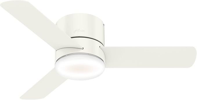 Hunter 44 inch Indoor Ceiling Fan with Light and Remote Control - For Bedroom or Living Room, Low Profile Mount, White Modern Ceiling Fan with LED Light, Quiet, 3 Blades - Minimus 59452, Fresh White